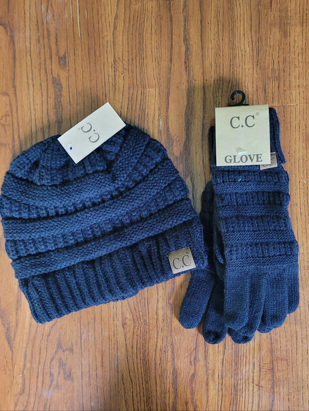 C.C Black Knit Beanie and Gloves Set